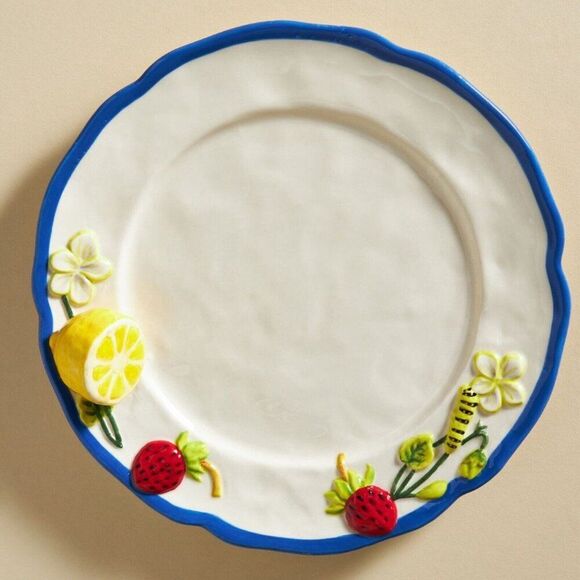 Anthropologie Faye Dessert Plate White Lemon Strawberry Kitchen Garden Stoneware - Picture 1 of 6